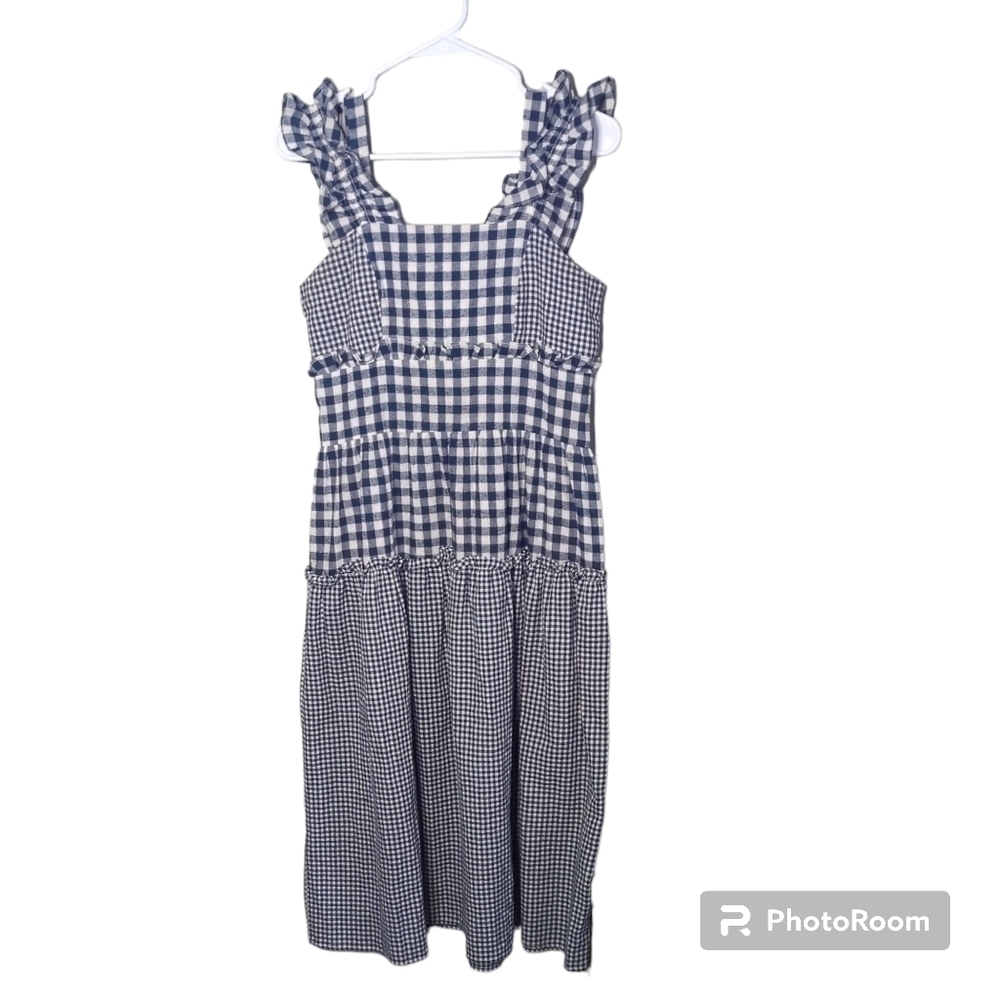 POL Blue/White Gingham‎ Plaid Tiered Dress with Ruffles Size Small